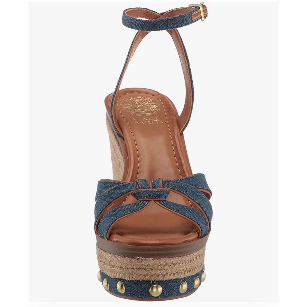 Vince Camuto Poula Denim Espadrille Wedge Sandals Indigo Gold Studded 9M NEW - Picture 6 of 12